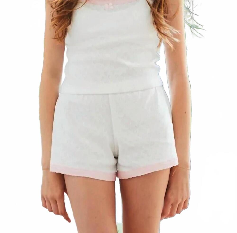 NEW THEME teddy lace heart pointelle shorts in white with pink
